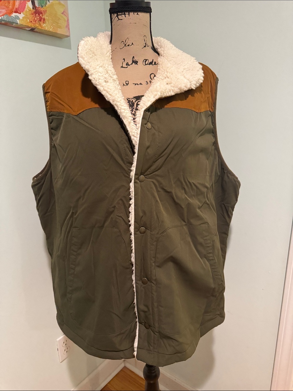 XL Reversible Sherpa-Lined Olive Green Utility Vest